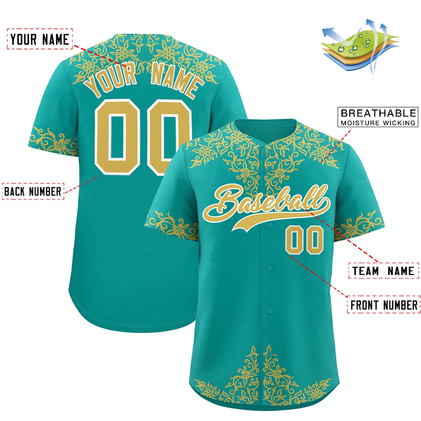 Custom Aqua Old Gold Baroque Style Personalized Baseball Jersey