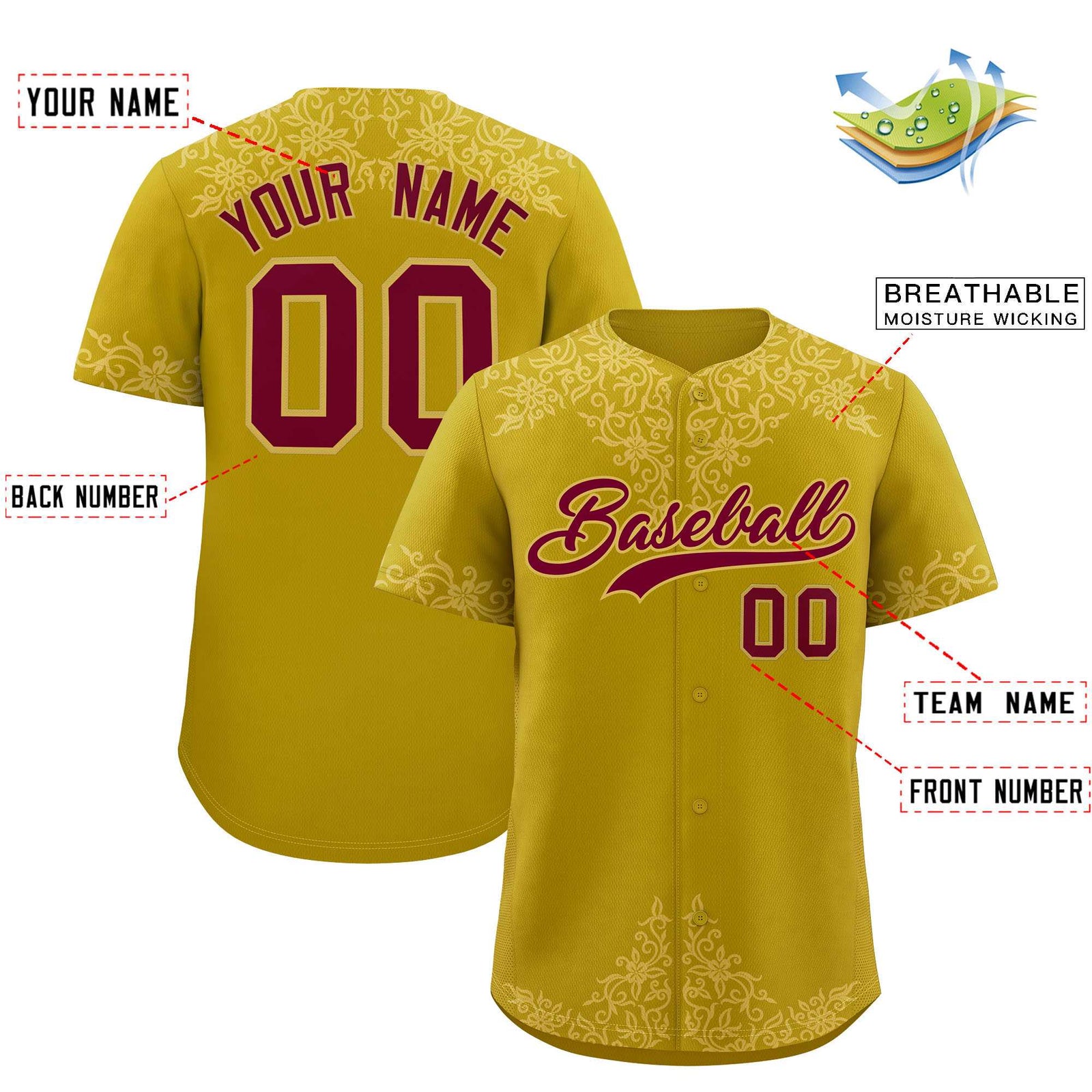 Custom Old Gold Old Gold Baroque Style Personalized Baseball Jersey
