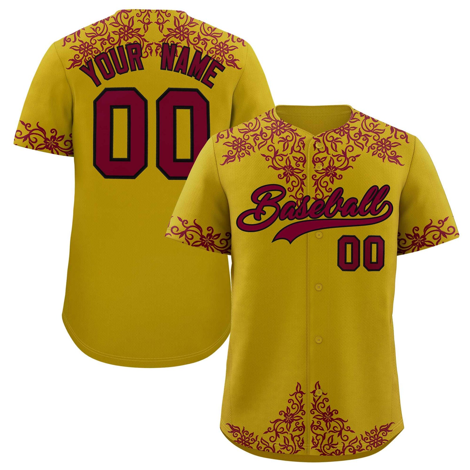 Custom Old Gold Crimson Baroque Style Personalized Baseball Jersey