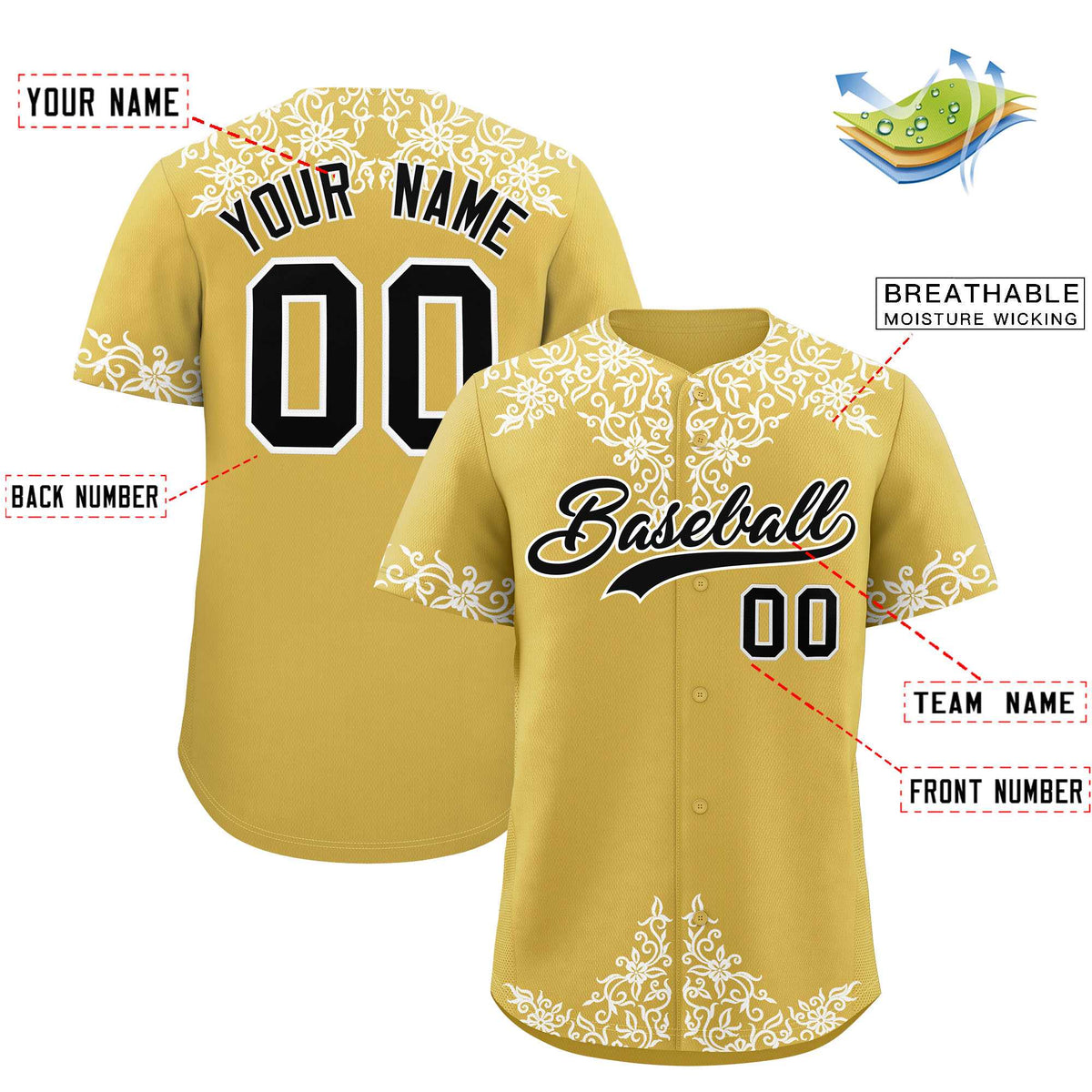 Custom Old Gold White Baroque Style Personalized Baseball Jersey