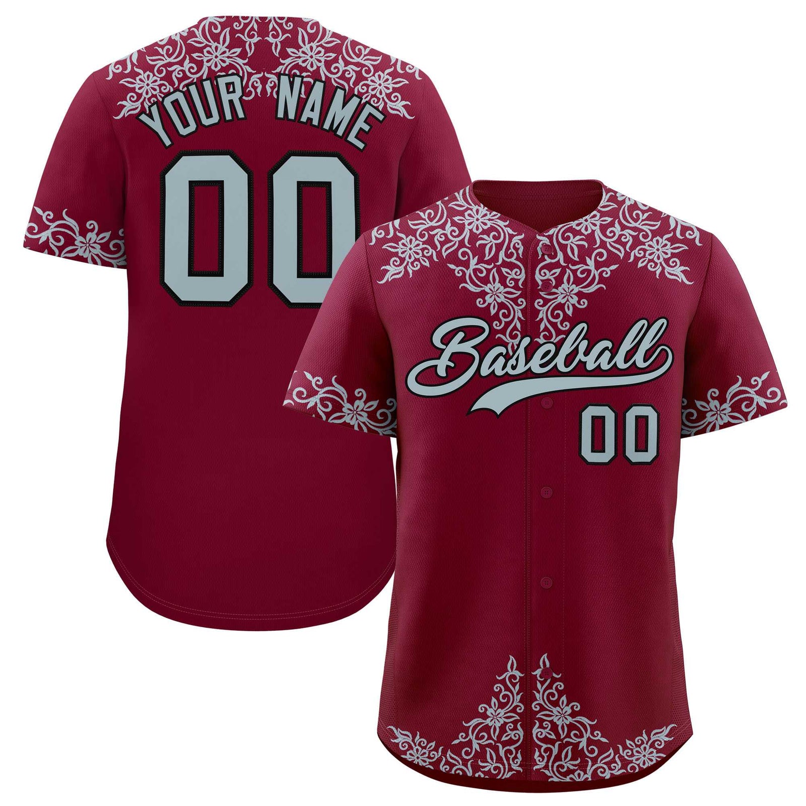 Custom Crimson Silver Baroque Style Personalized Baseball Jersey