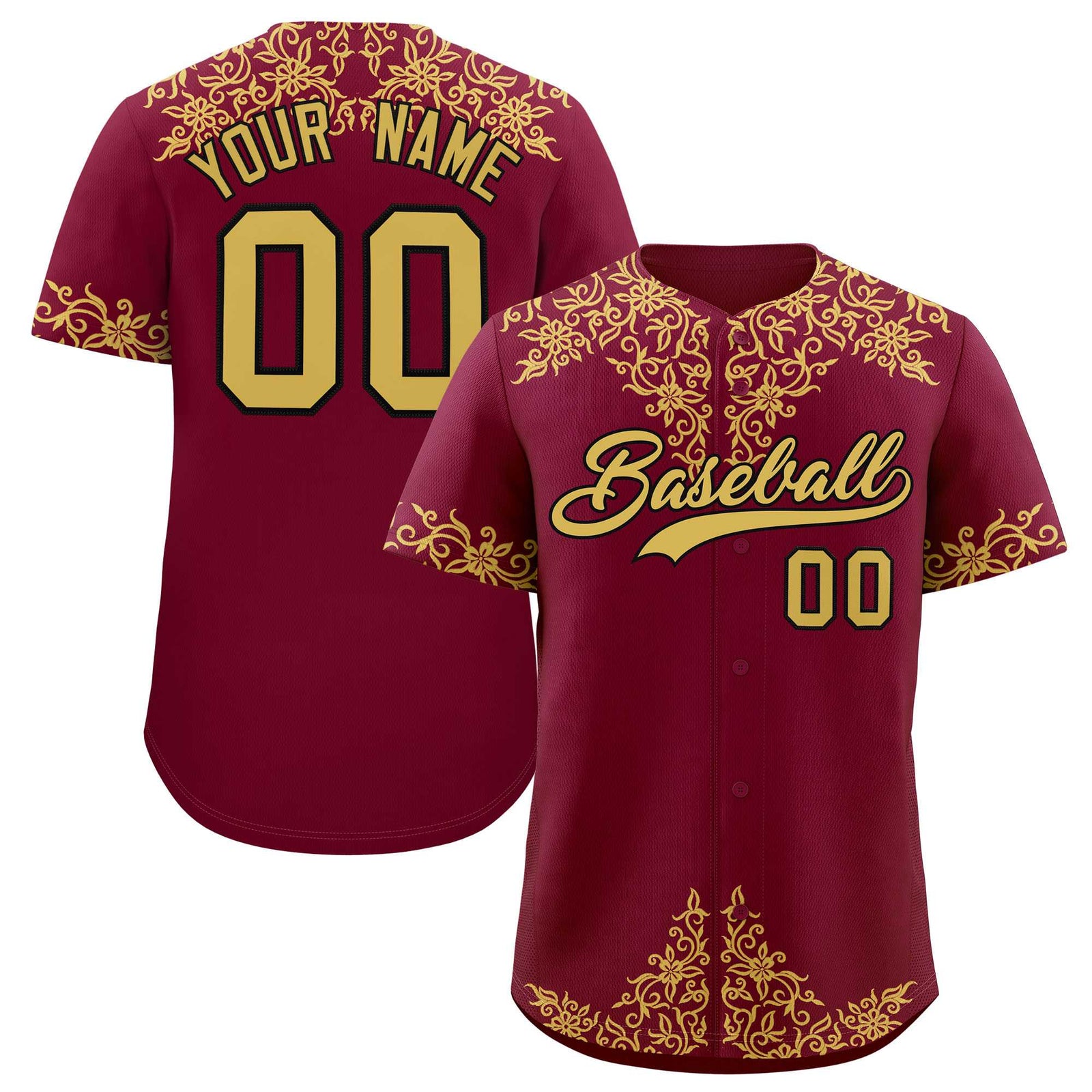 Custom Crimson Old Gold Baroque Style Personalized Baseball Jersey