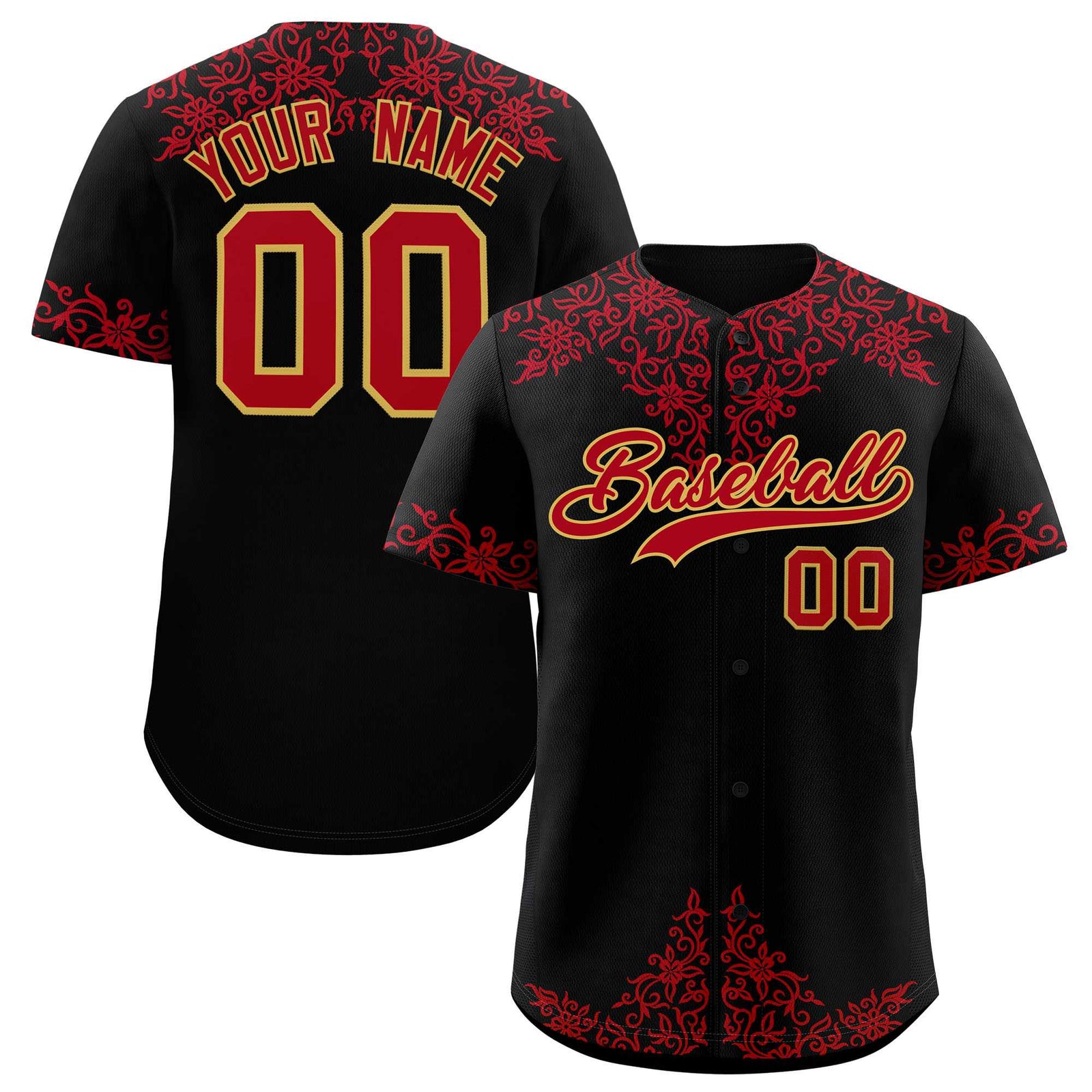 Custom Black Red Baroque Style Personalized Baseball Jersey