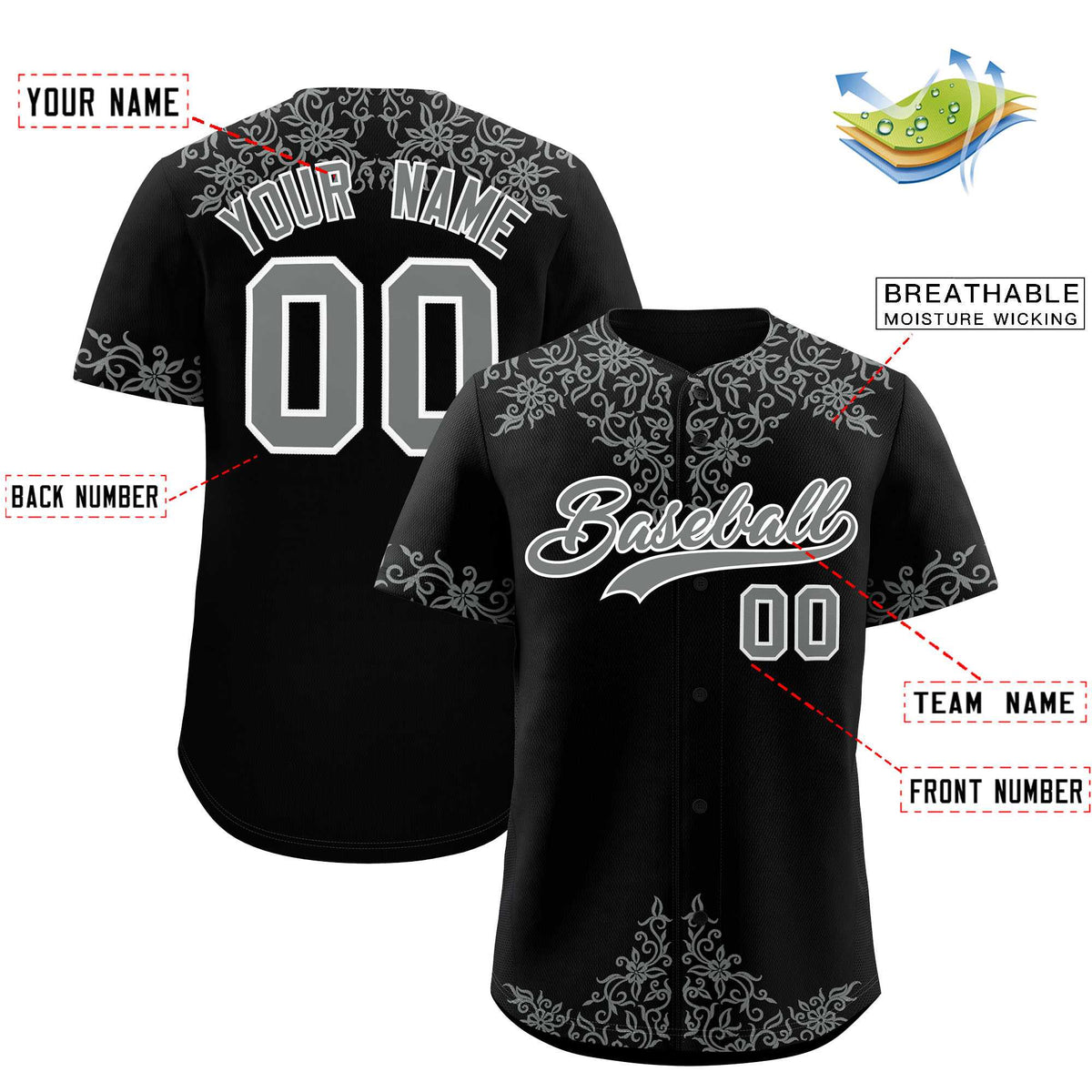 Custom Black Gray Baroque Style Personalized Baseball Jersey