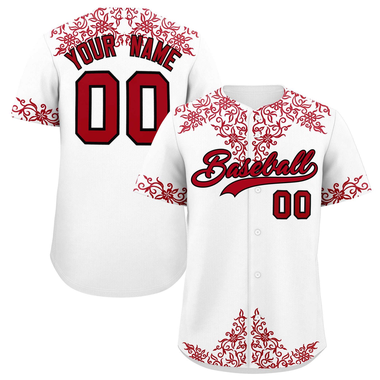 Custom White Red Baroque Style Personalized Baseball Jersey