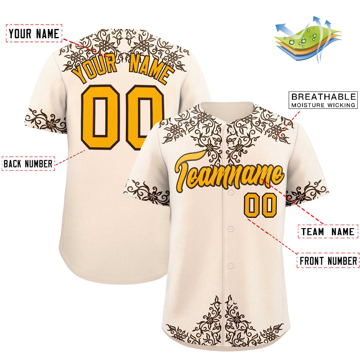 Custom Cream Brown Baroque Style Personalized Baseball Jersey