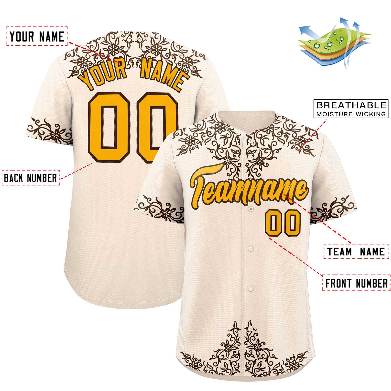 Custom Cream Brown Baroque Style Personalized Baseball Jersey