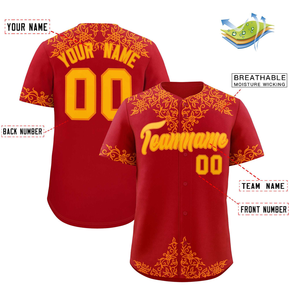 Custom Red Yellow Baroque Style Personalized Baseball Jersey