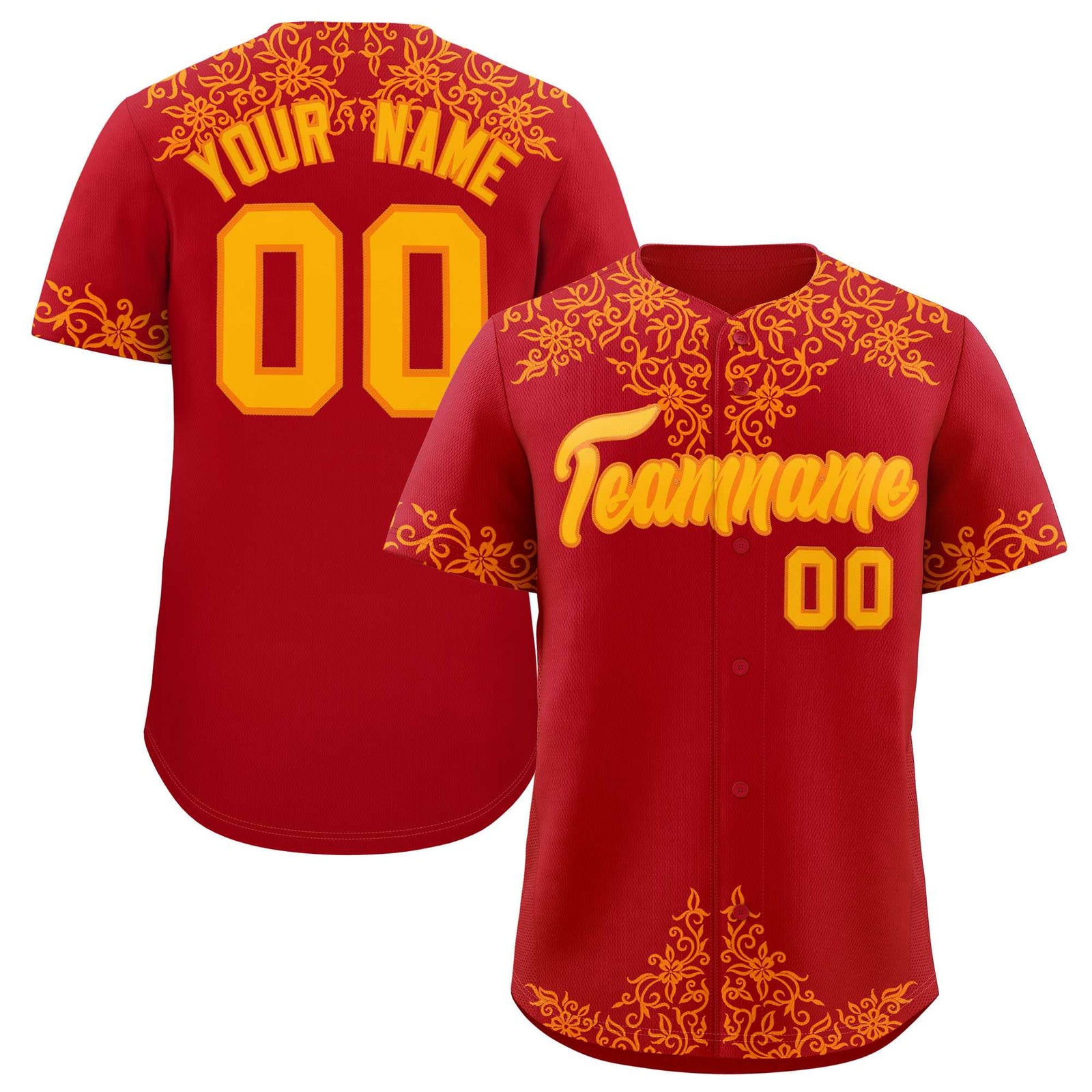 Custom Red Yellow Baroque Style Personalized Baseball Jersey