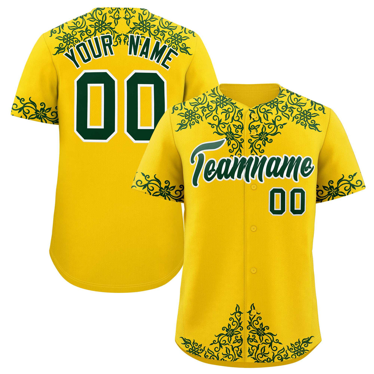 Custom Gold Green Baroque Style Personalized Baseball Jersey