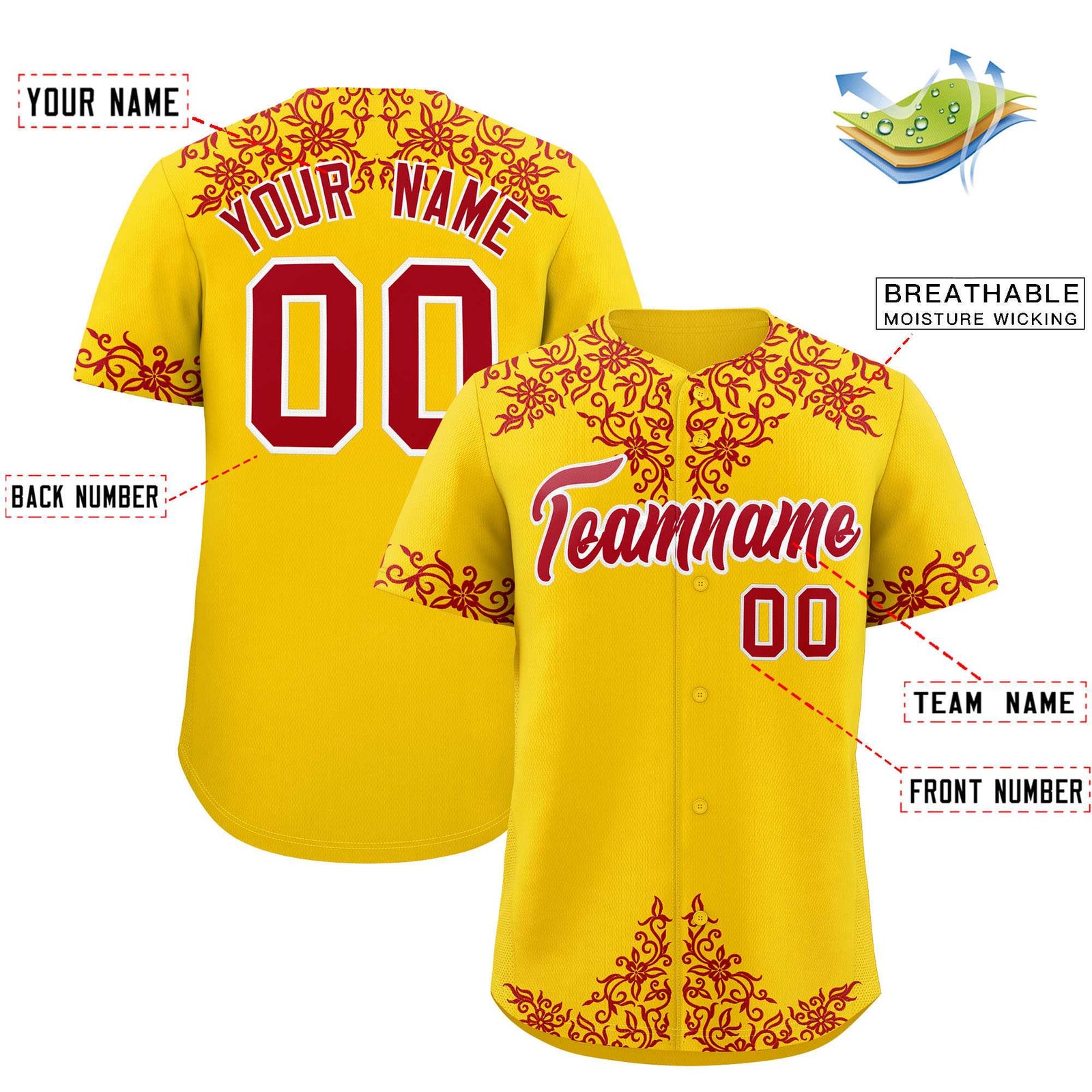 Custom Gold Red Baroque Style Personalized Baseball Jersey
