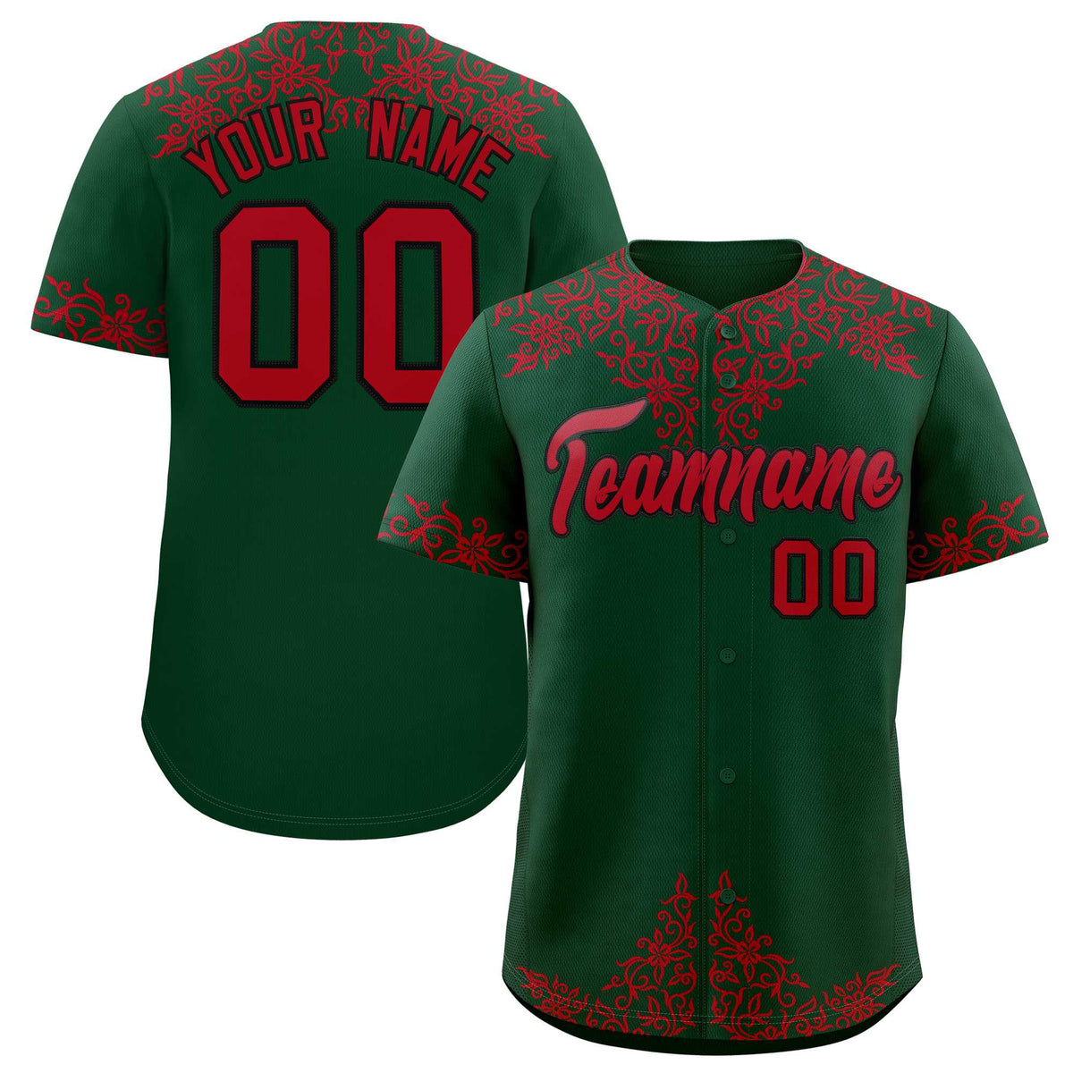 Custom Green Red Baroque Style Personalized Baseball Jersey