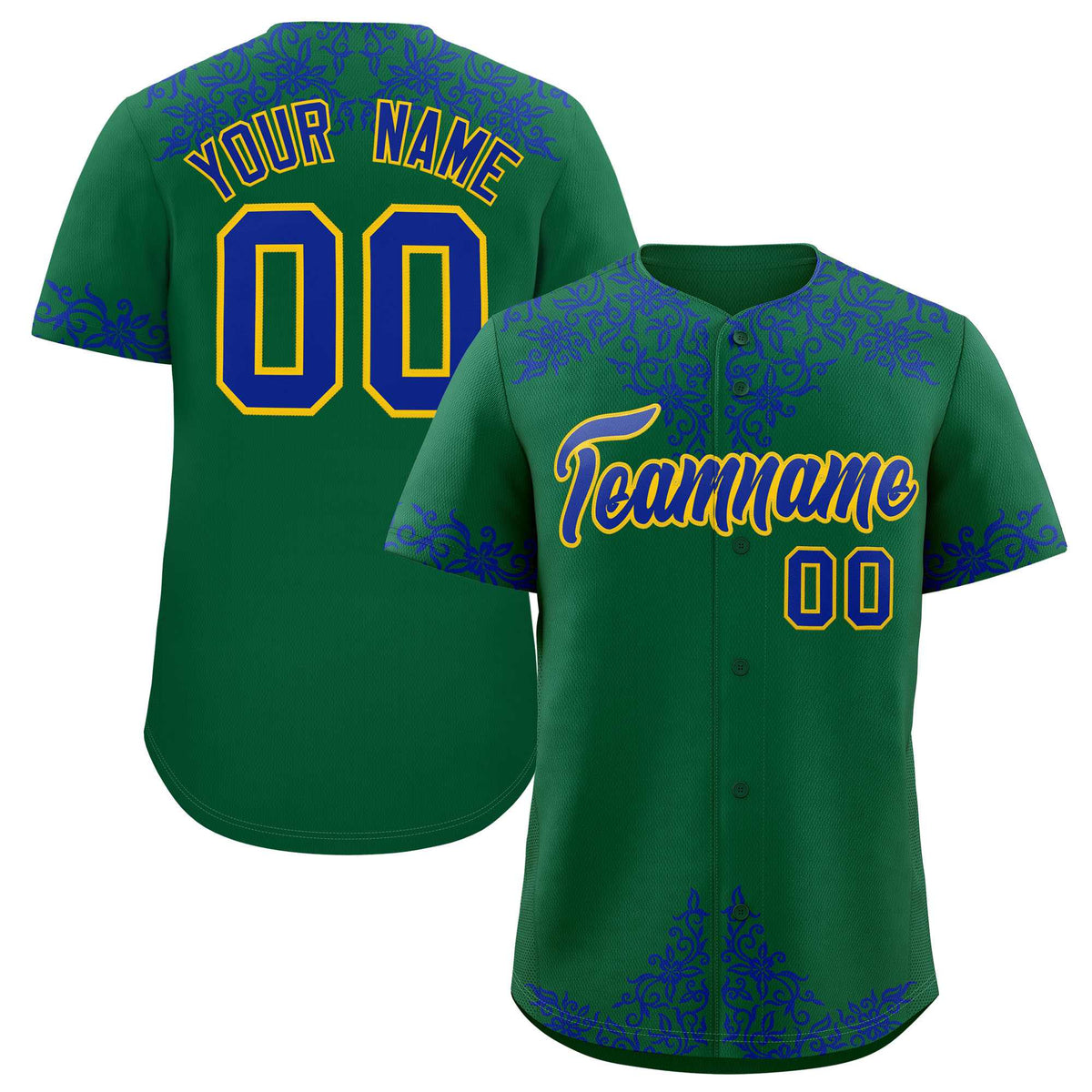 Custom Kelly Green Royal Baroque Style Personalized Baseball Jersey