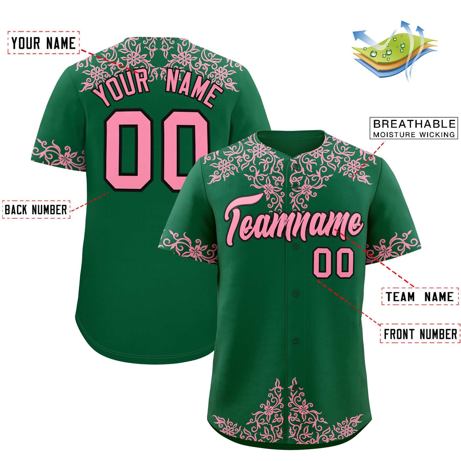 Custom Kelly Green Light Pink Baroque Style Personalized Baseball Jersey