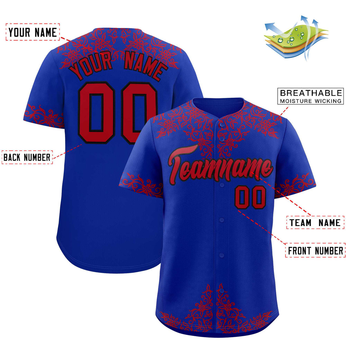 Custom Royal Red Baroque Style Personalized Baseball Jersey