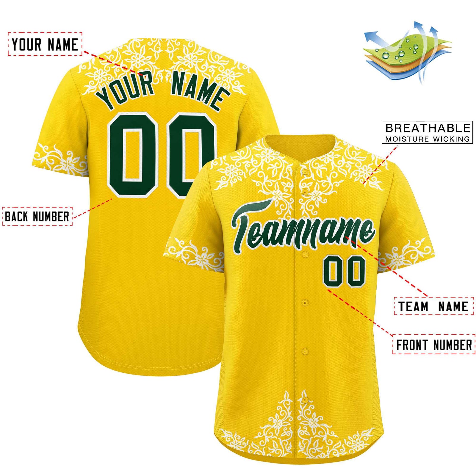 Custom Gold White Baroque Style Personalized Baseball Jersey