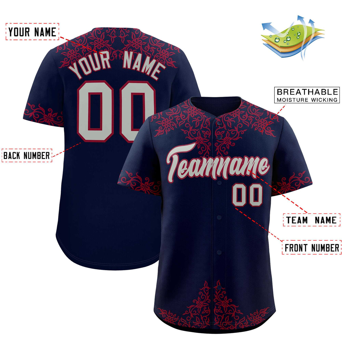 Custom Navy Crimson Baroque Style Personalized Baseball Jersey