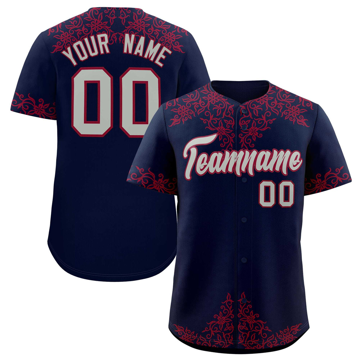 Custom Navy Crimson Baroque Style Personalized Baseball Jersey