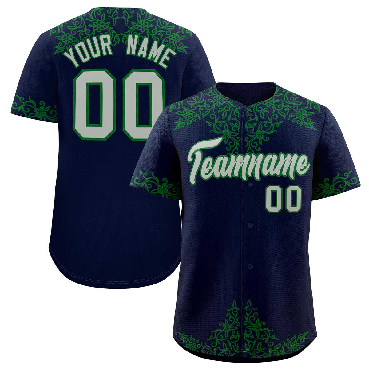 Custom Navy Kelly Green Baroque Style Personalized Baseball Jersey