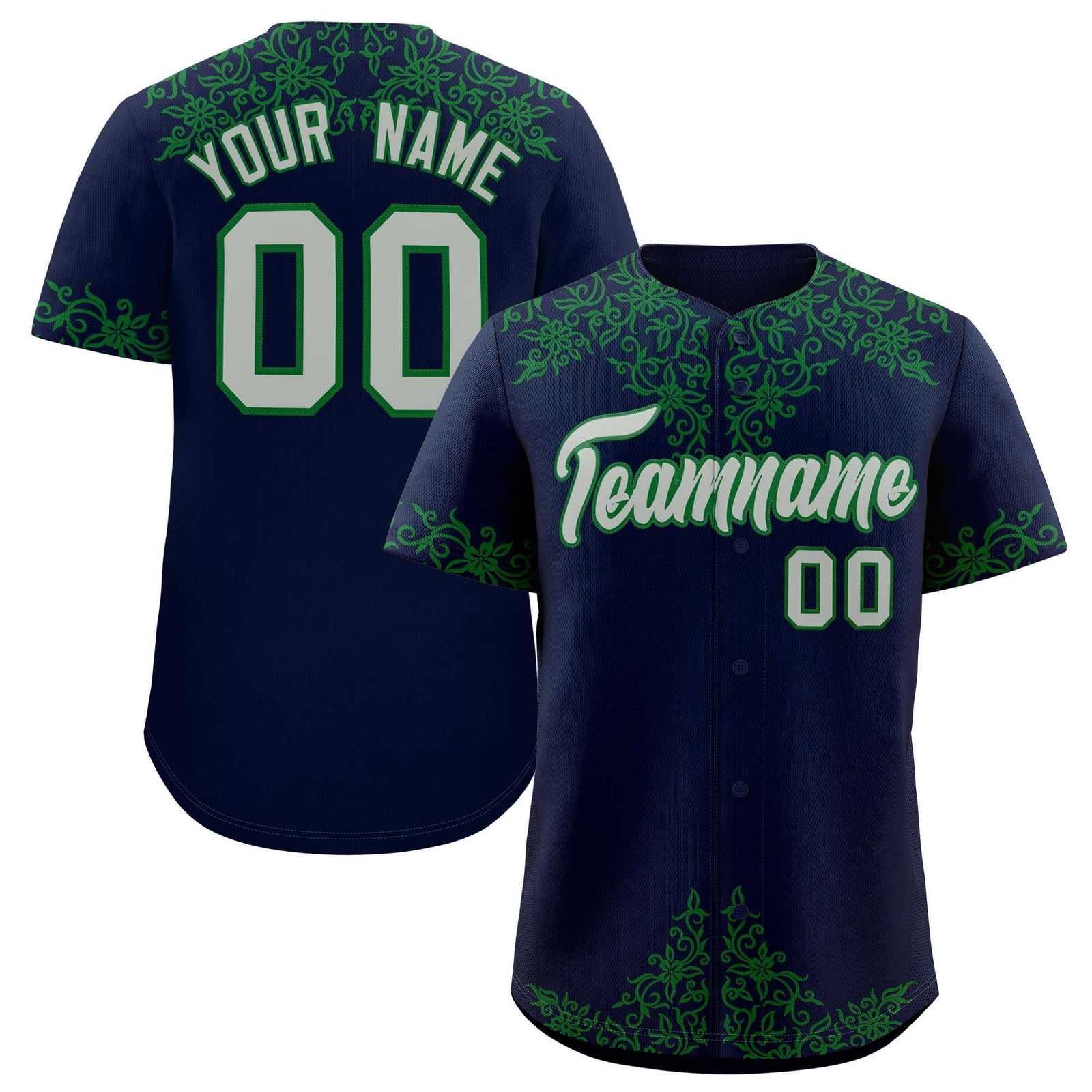 Custom Navy Kelly Green Baroque Style Personalized Baseball Jersey