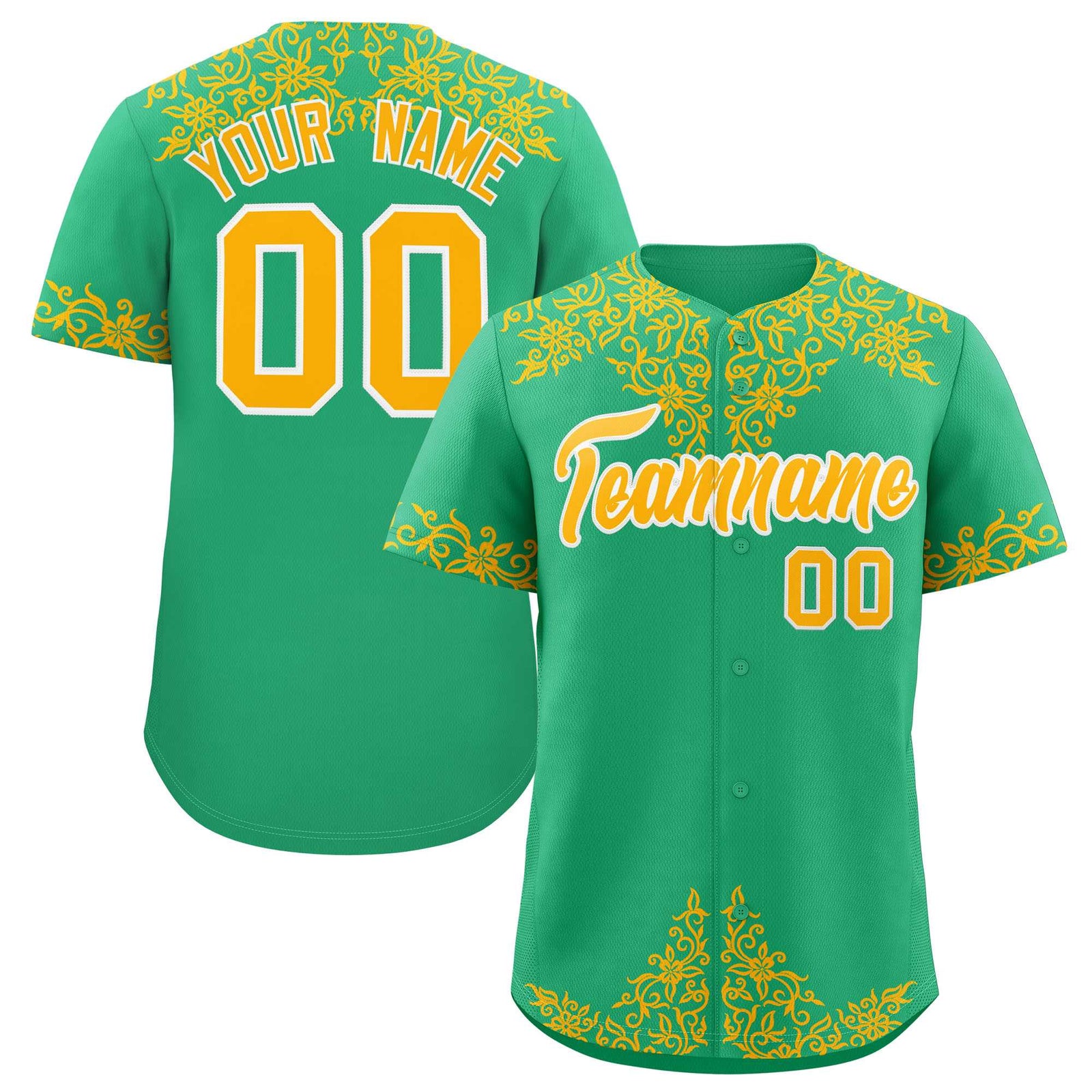 Custom Bright Green Gold Baroque Style Personalized Baseball Jersey