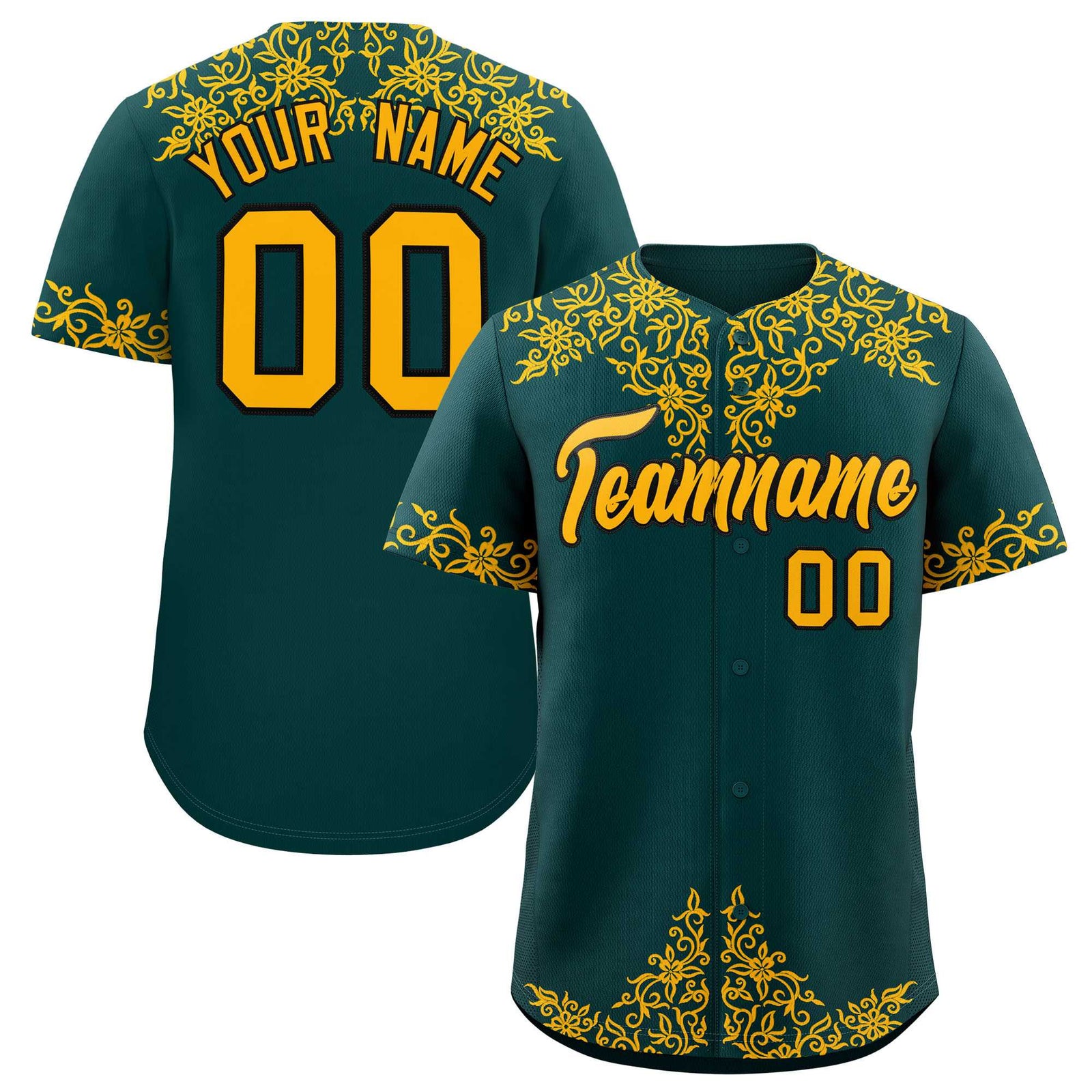 Custom Midnight Green Gold Baroque Style Personalized Baseball Jersey