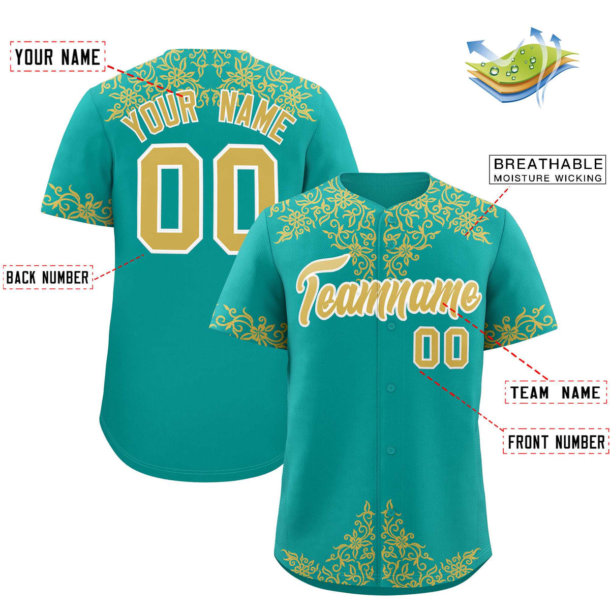 Custom Aqua Old Gold Baroque Style Personalized Baseball Jersey