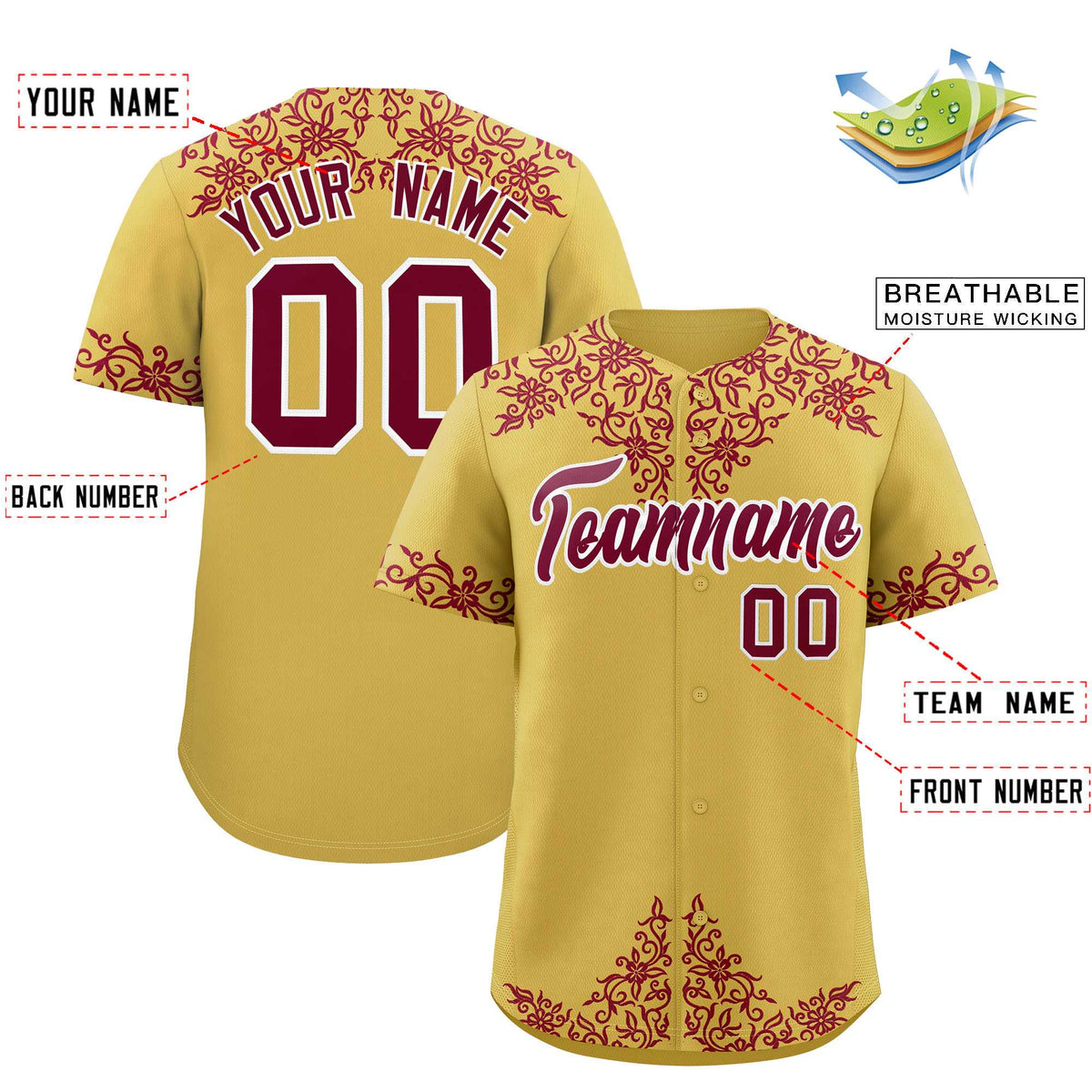 Custom Old Gold Crimson Baroque Style Personalized Baseball Jersey