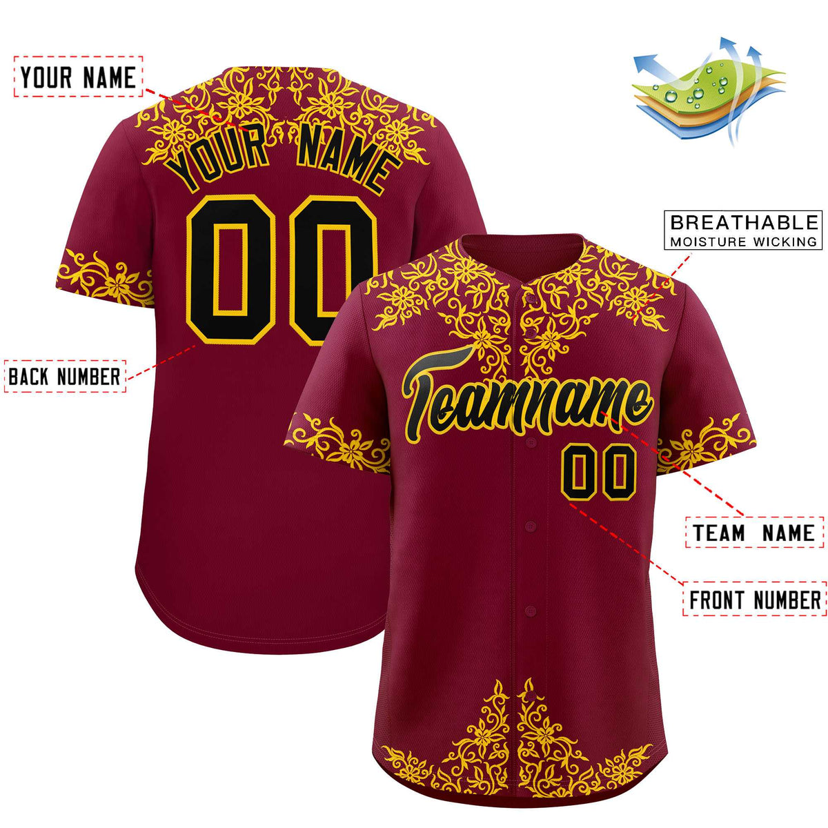 Custom Crimson Yellow Baroque Style Personalized Baseball Jersey