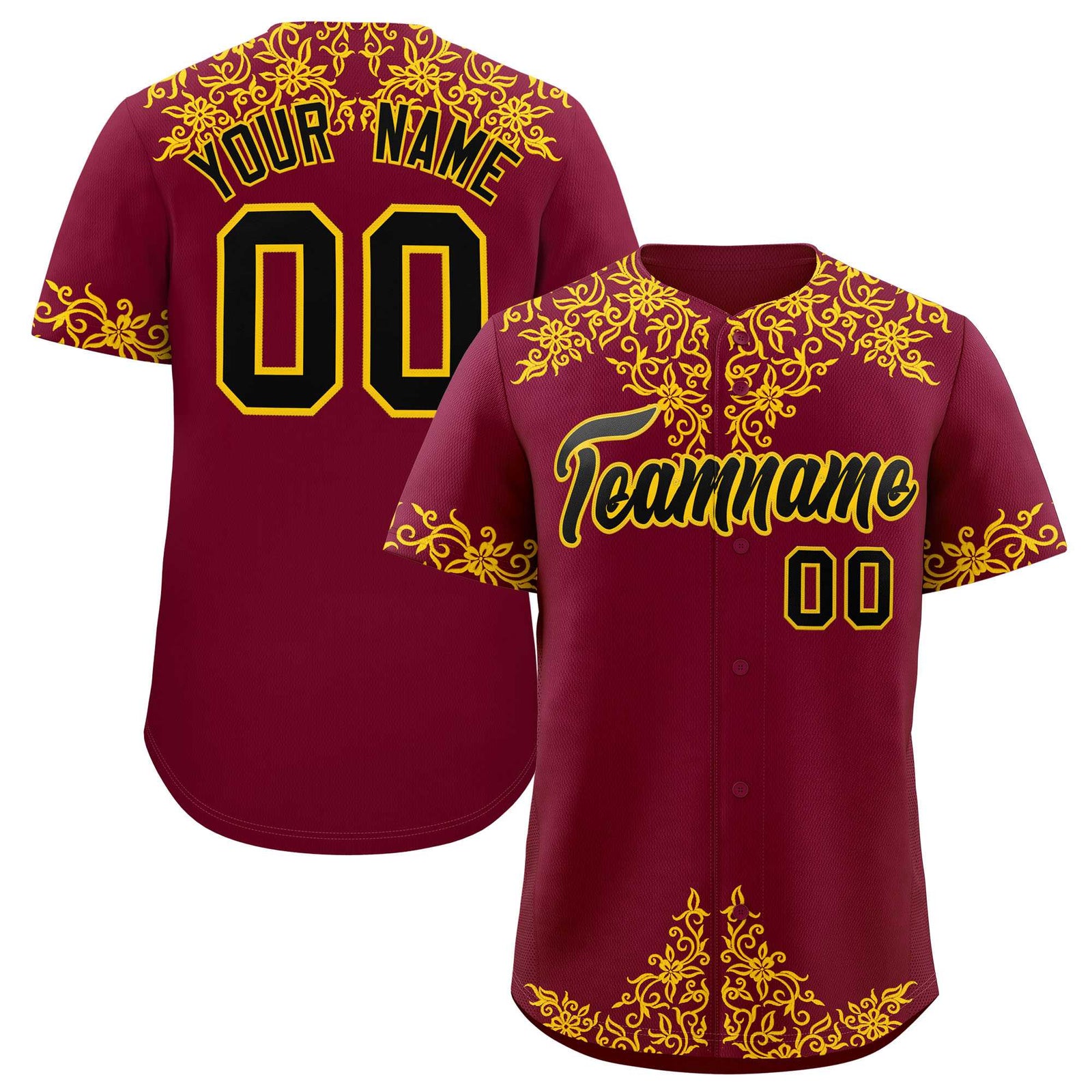 Custom Crimson Yellow Baroque Style Personalized Baseball Jersey
