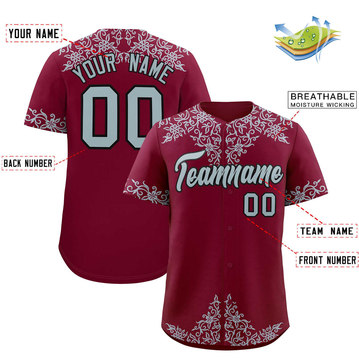 Custom Crimson Silver Baroque Style Personalized Baseball Jersey