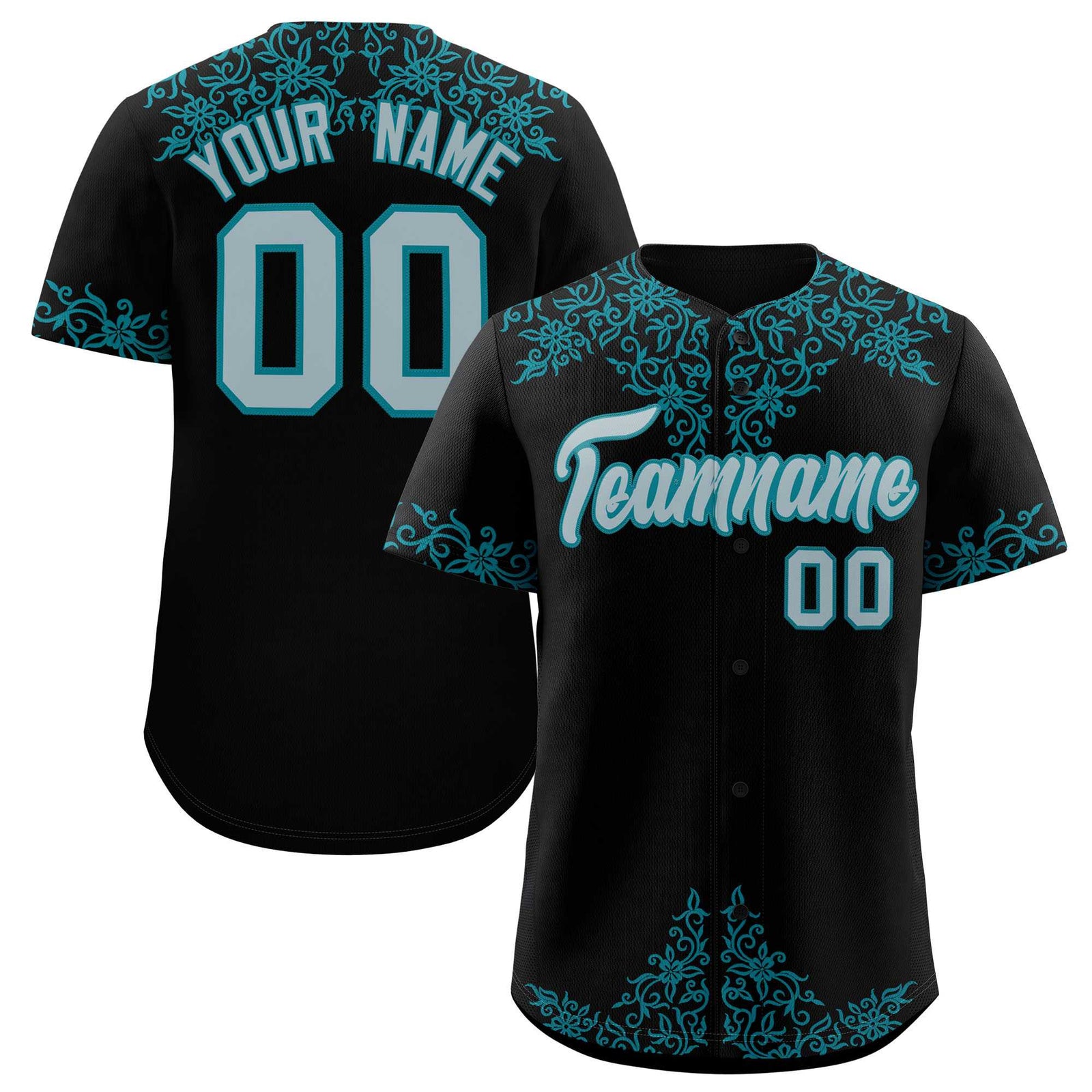 Custom Black Teal Baroque Style Personalized Baseball Jersey
