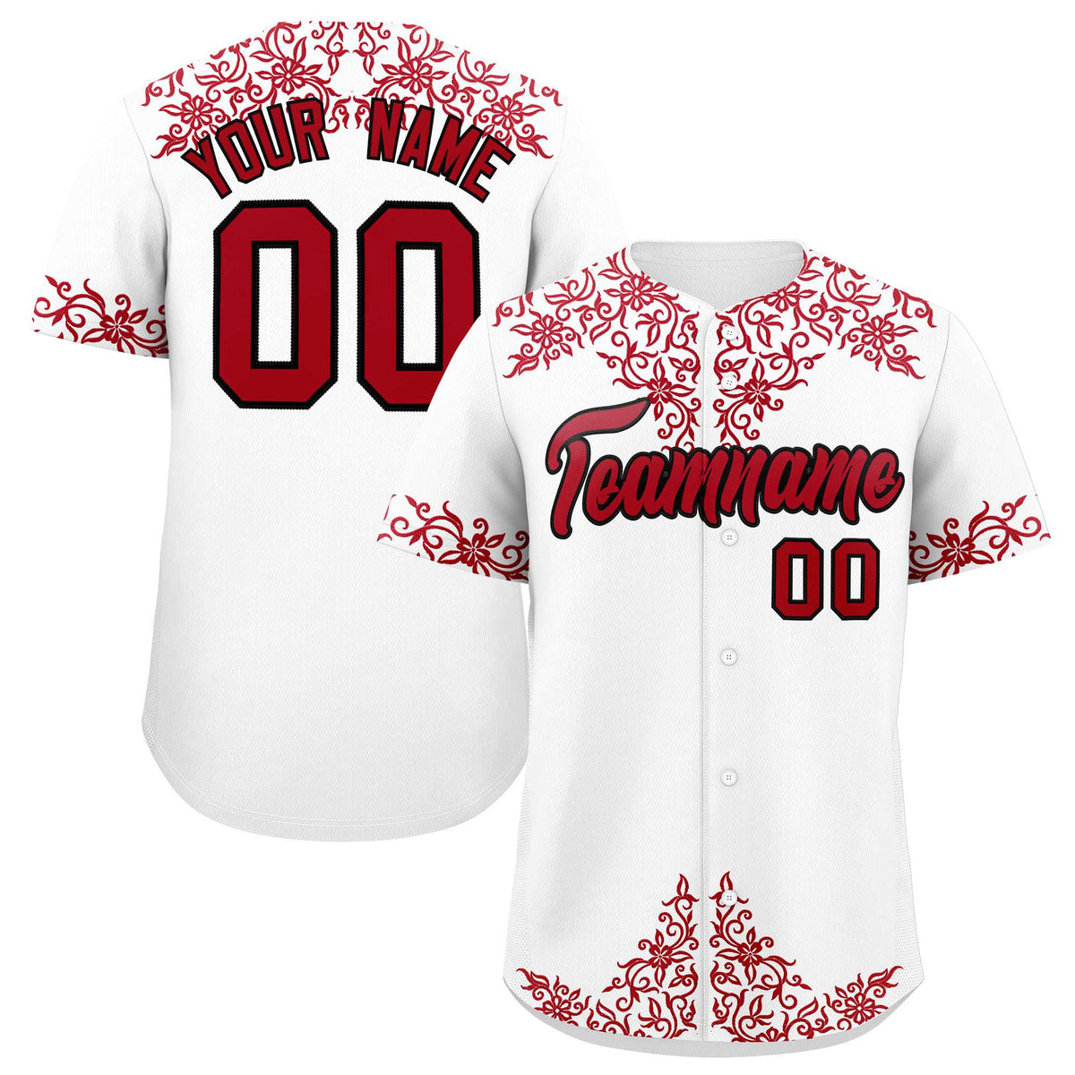 Custom White Red Baroque Style Personalized Baseball Jersey