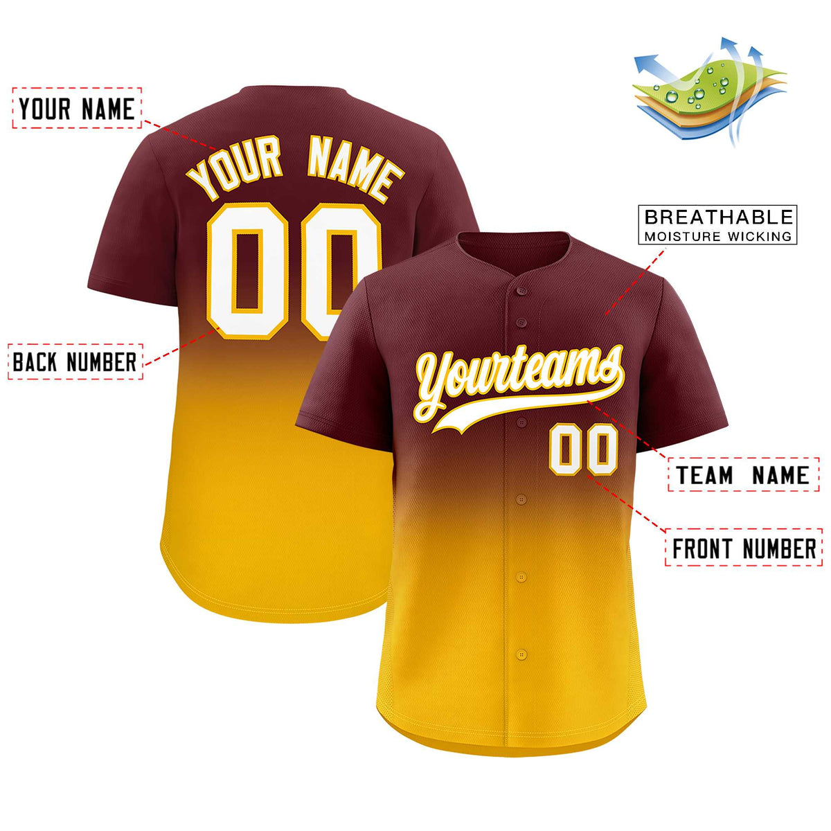 Custom Burgundy Yellow Gradient Fashion Authentic Baseball Jersey