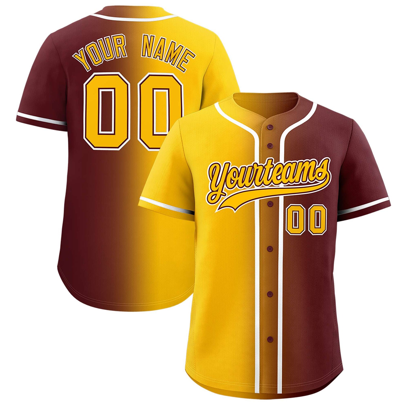 Custom Yellow Burgundy Two Tone Gradient Fashion Authentic Baseball Jersey
