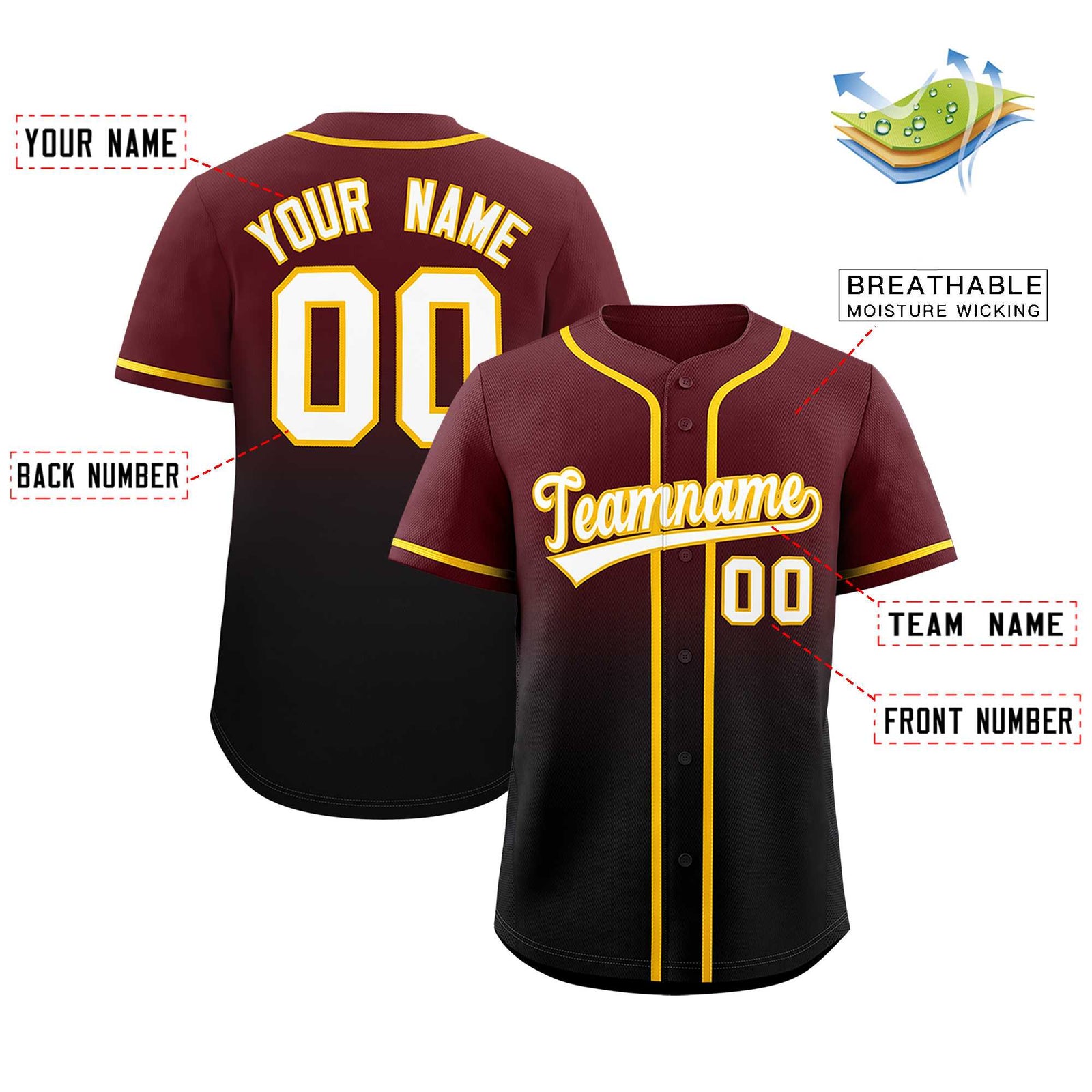 Custom Burgundy Black Gradient Fashion Authentic Baseball Jersey