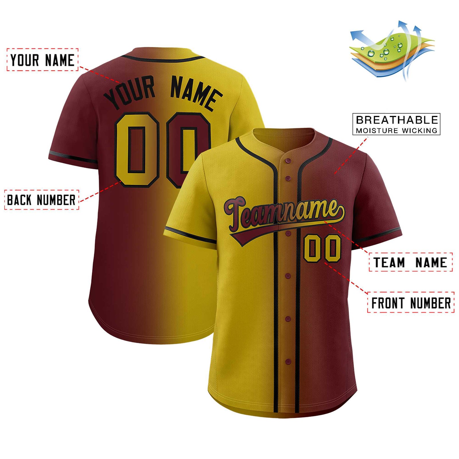Custom Old Gold Burgundy Two Tone Gradient Fashion Authentic Baseball Jersey