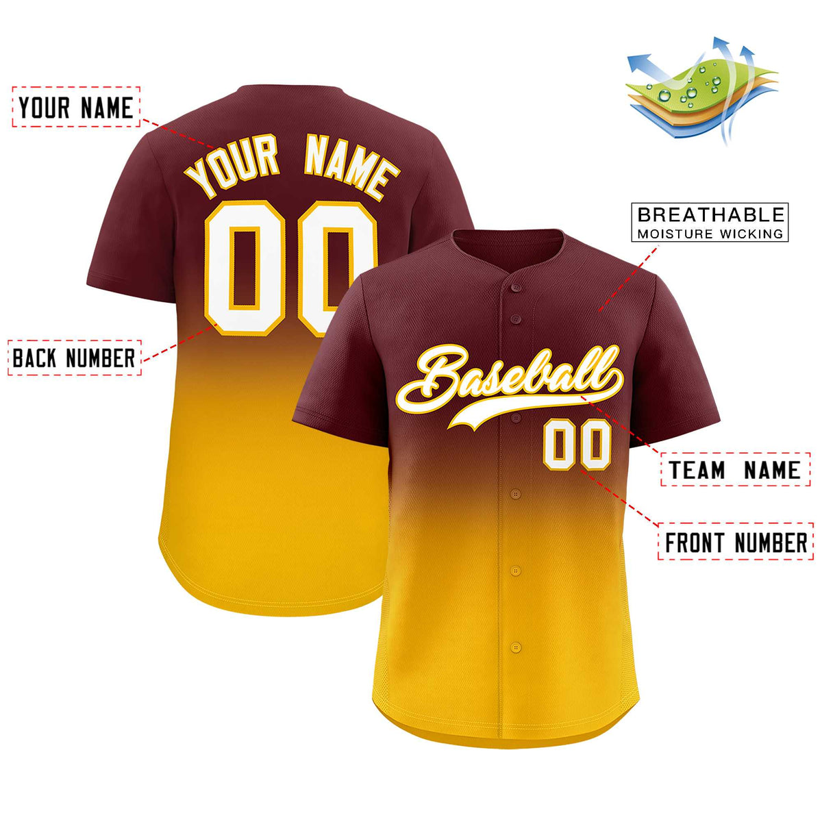 Custom Burgundy Yellow Gradient Fashion Authentic Baseball Jersey