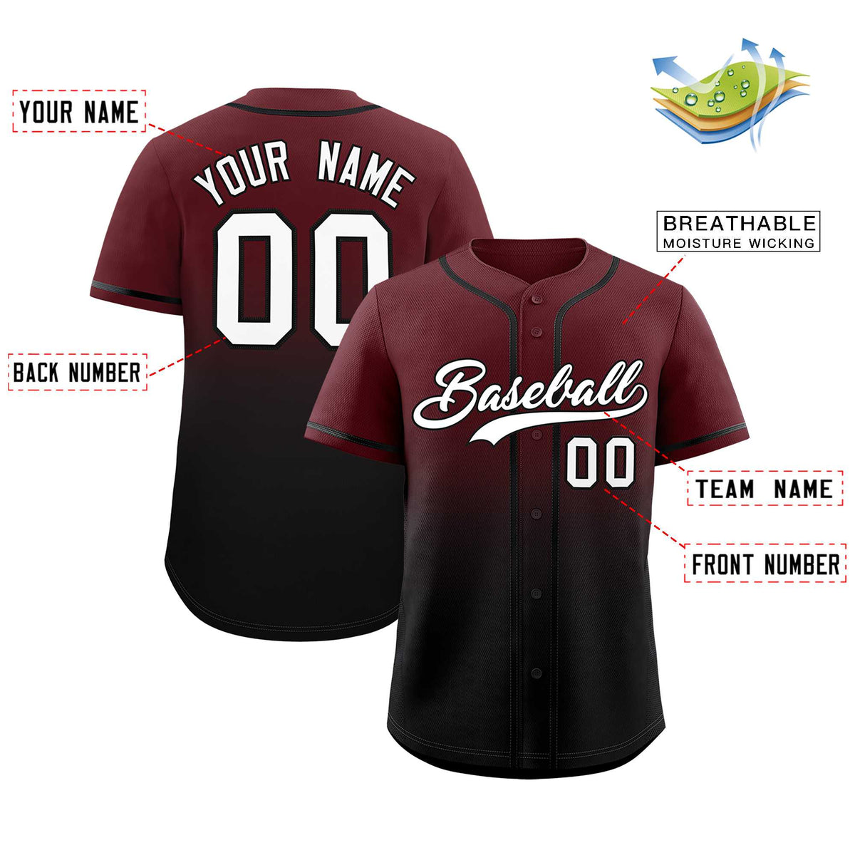 Custom Burgundy Black Gradient Fashion Authentic Baseball Jersey
