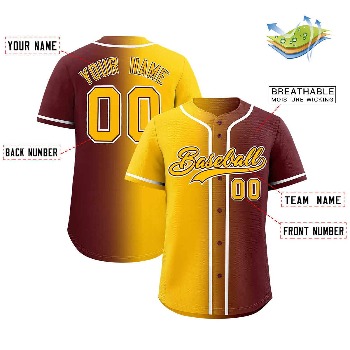 Custom Yellow Burgundy Two Tone Gradient Fashion Authentic Baseball Jersey
