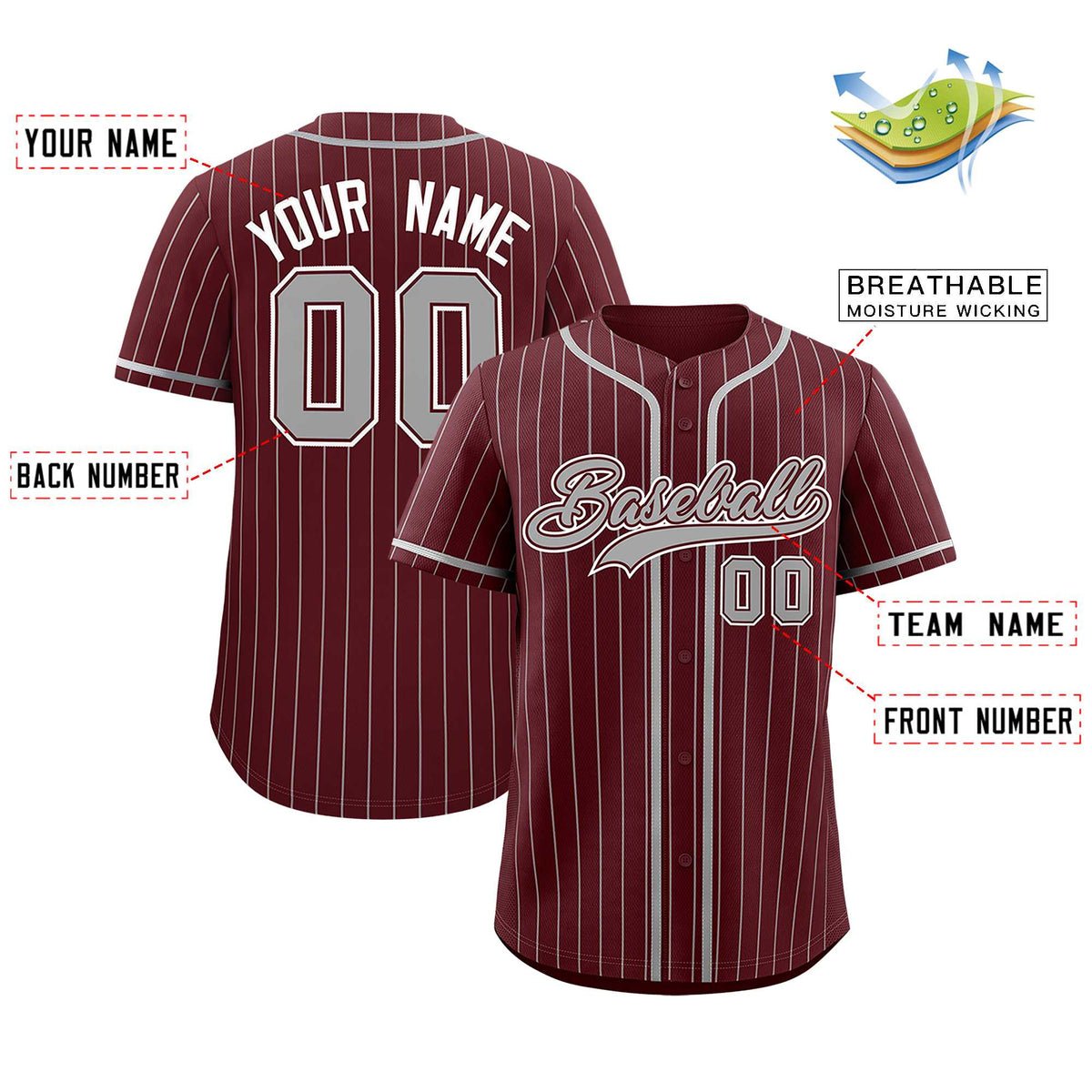 Custom Burgundy Gray Stripe Fashion Authentic Baseball Jersey