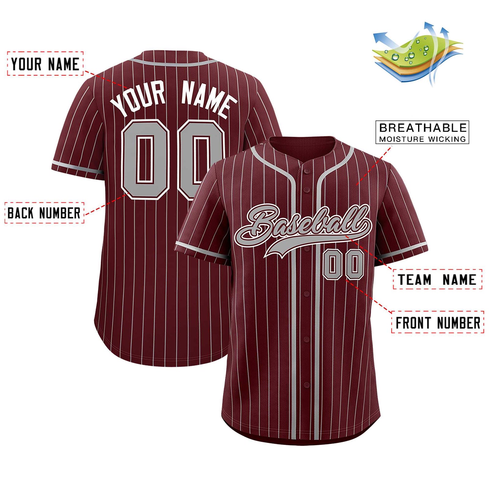 Custom Burgundy Gray Stripe Fashion Authentic Baseball Jersey
