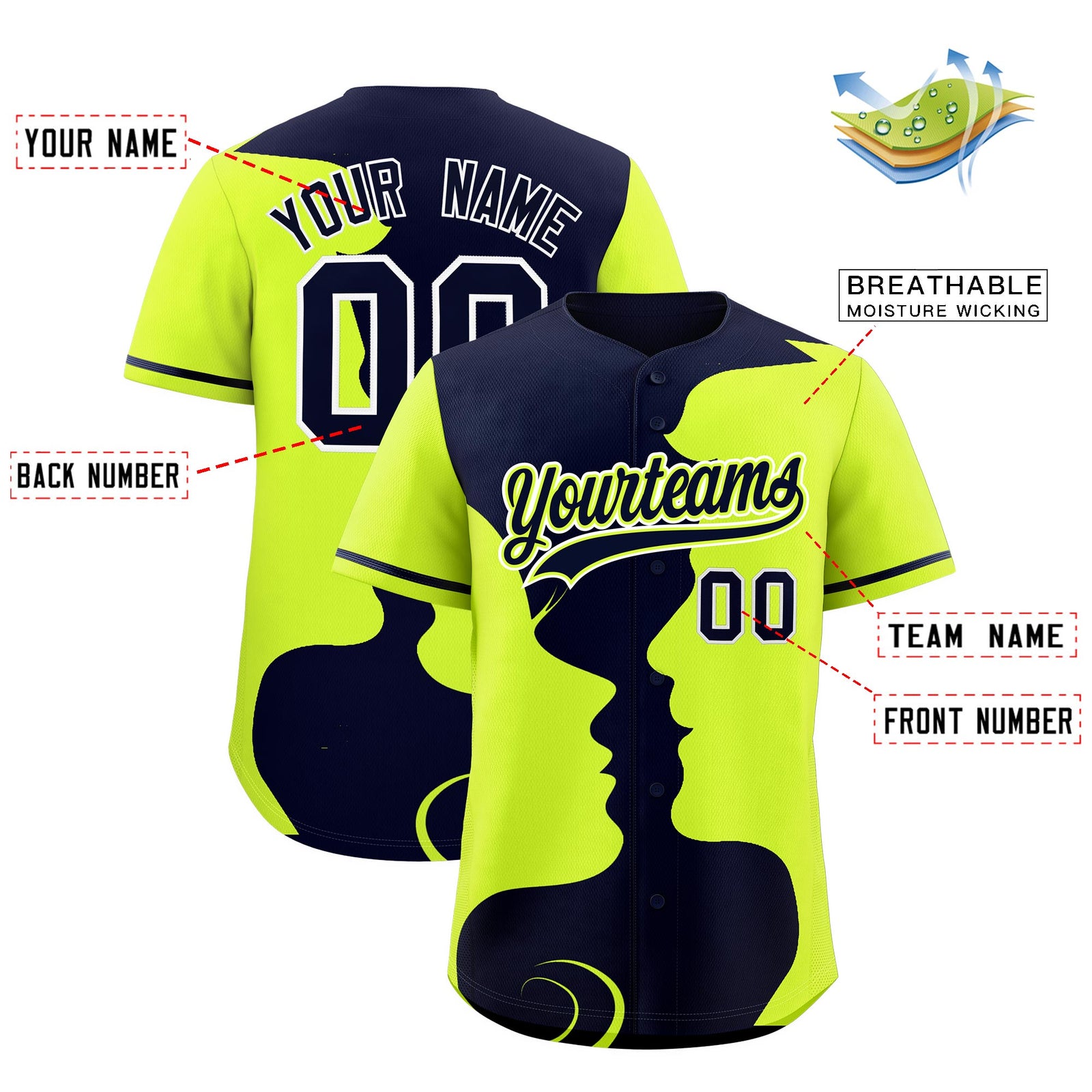Custom Navy Neon Green Silhouettes of Loving Couple Valentine's Day Baseball Jersey| KXKSHOP