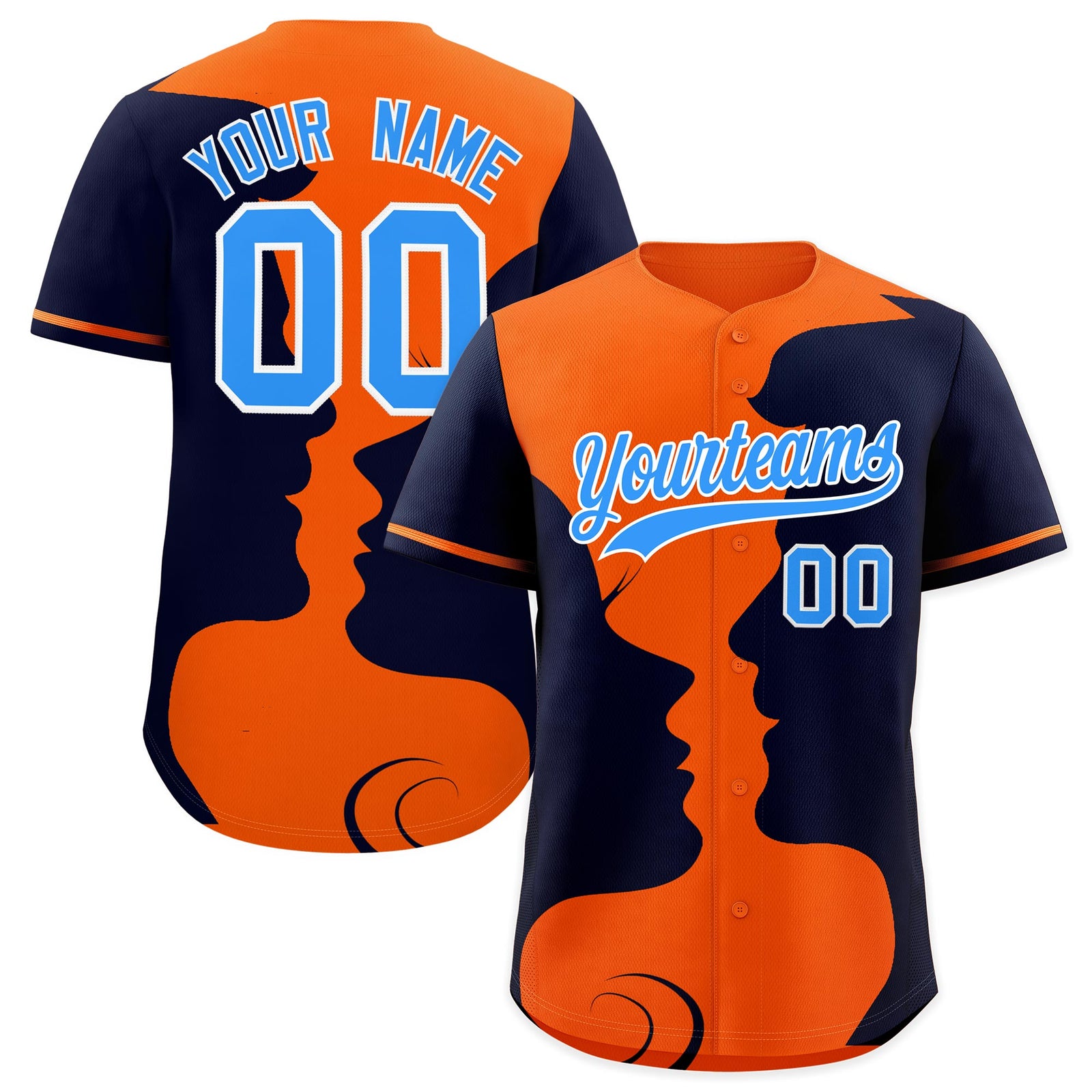 Custom Orange Navy Silhouettes of Loving Couple Valentine's Day Baseball Jersey| KXKSHOP