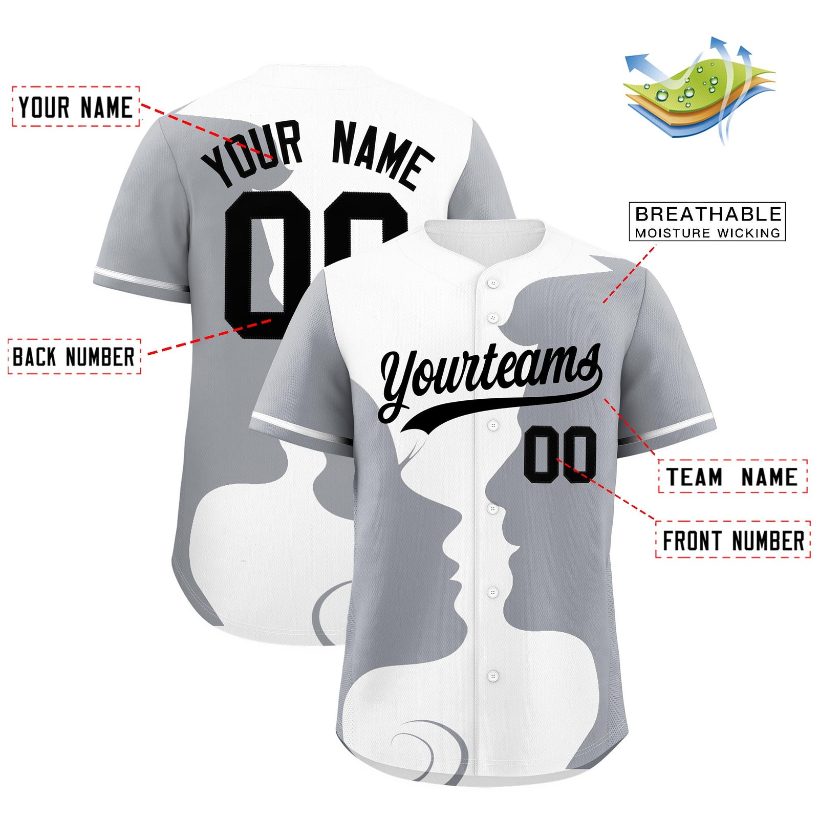 Custom White Gray Silhouettes of Loving Couple Valentine's Day Baseball Jersey| KXKSHOP