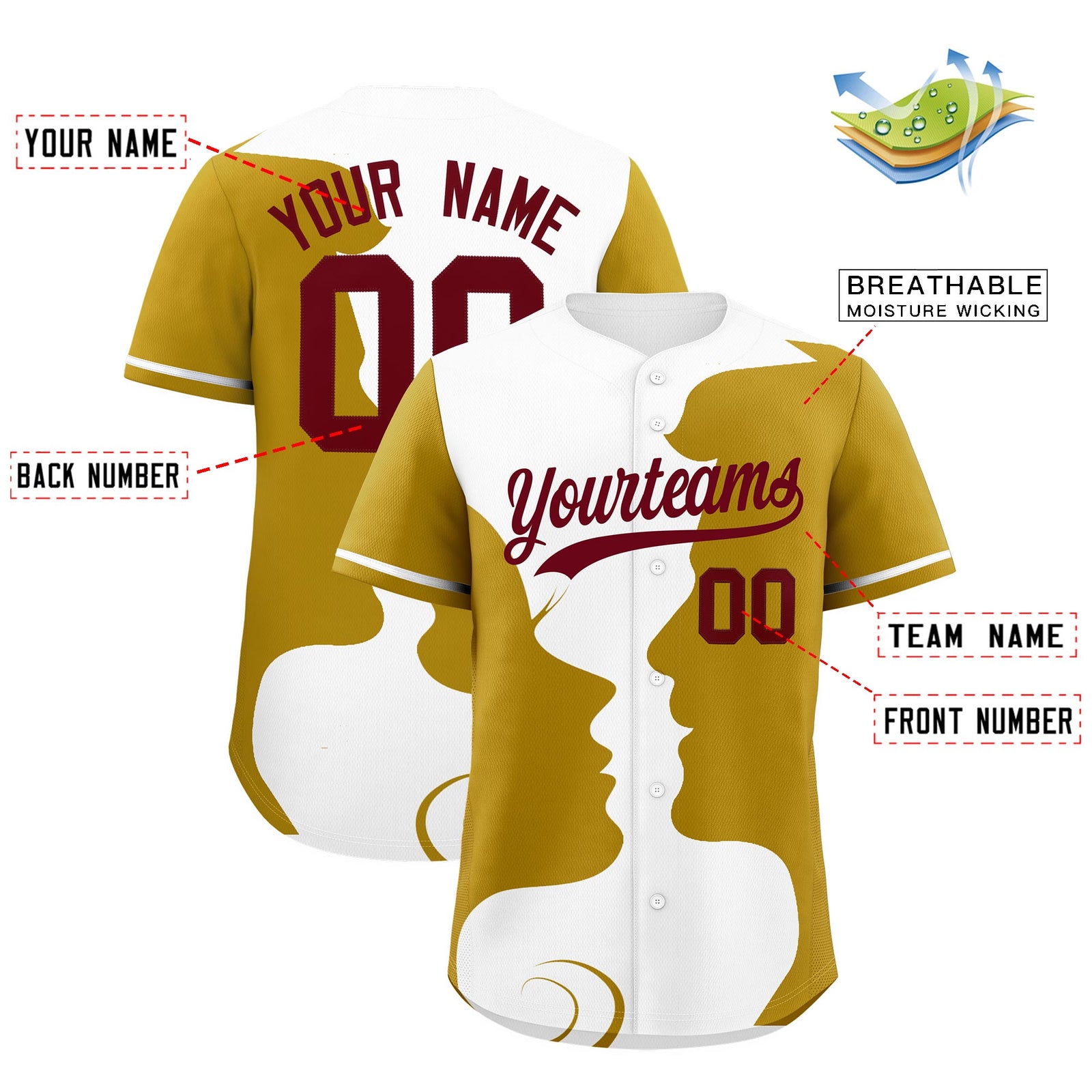 Custom White Old Gold Silhouettes of Loving Couple Valentine's Day Baseball Jersey| KXKSHOP