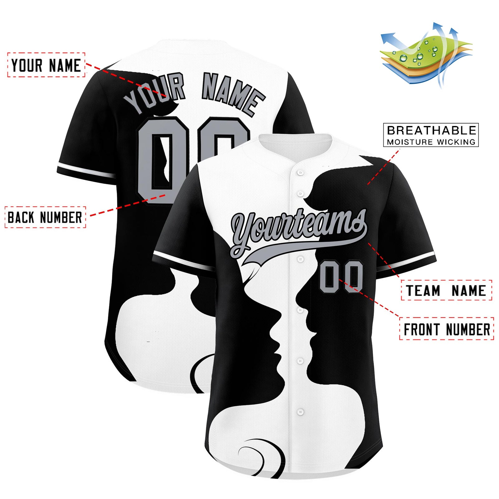 Custom White Black Silhouettes of Loving Couple Valentine's Day Baseball Jersey| KXKSHOP
