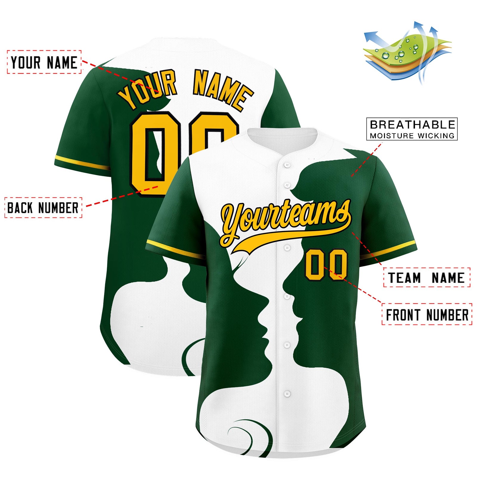 Custom Gold Green White Silhouettes of Loving Couple Valentine's Day Baseball Jersey| KXKSHOP