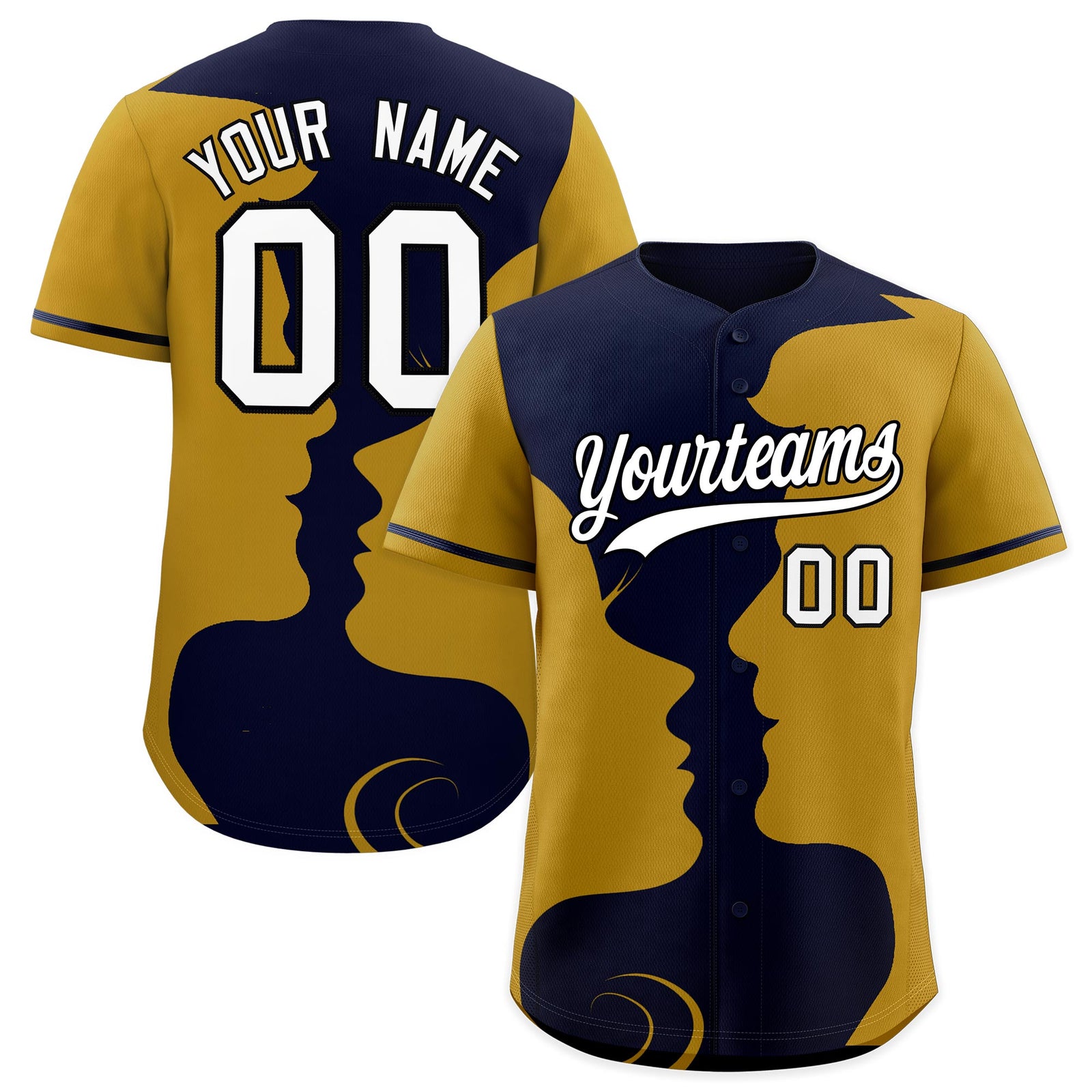 Custom Navy Old Gold Silhouettes of Loving Couple Valentine's Day Baseball Jersey| KXKSHOP
