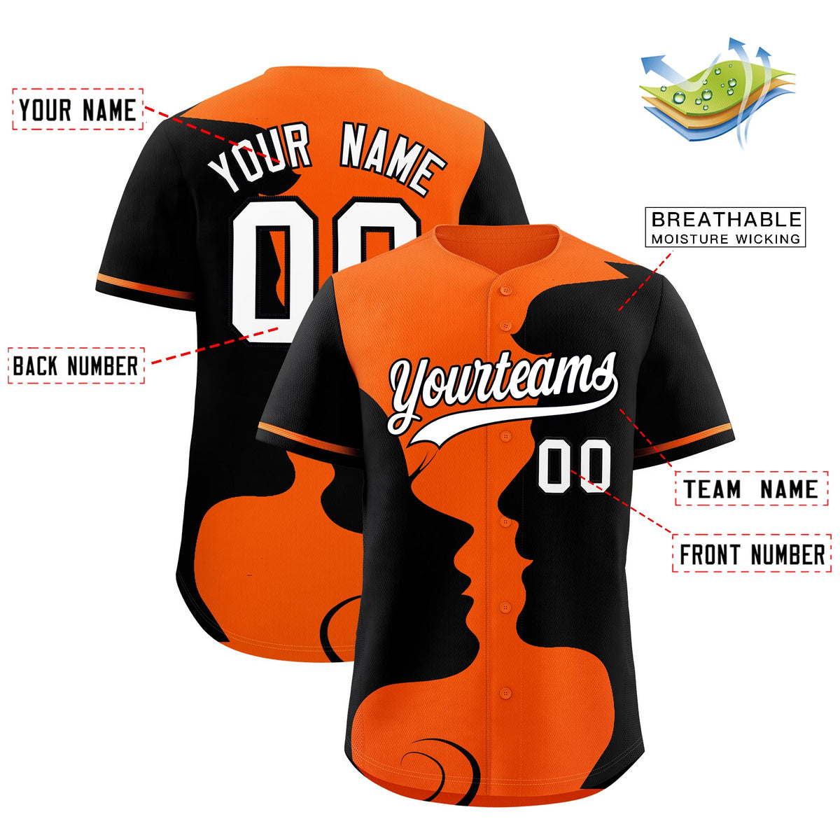 Custom Orange Black Silhouettes of Loving Couple Valentine's Day Baseball Jersey| KXKSHOP